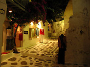 Boutiques Along a Cobblestone Alley at Night
