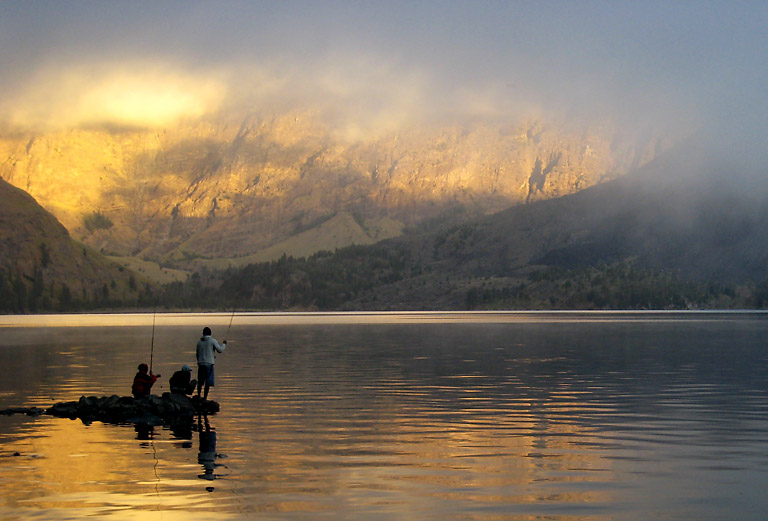Fishermen at Sunset at the Crater Lake